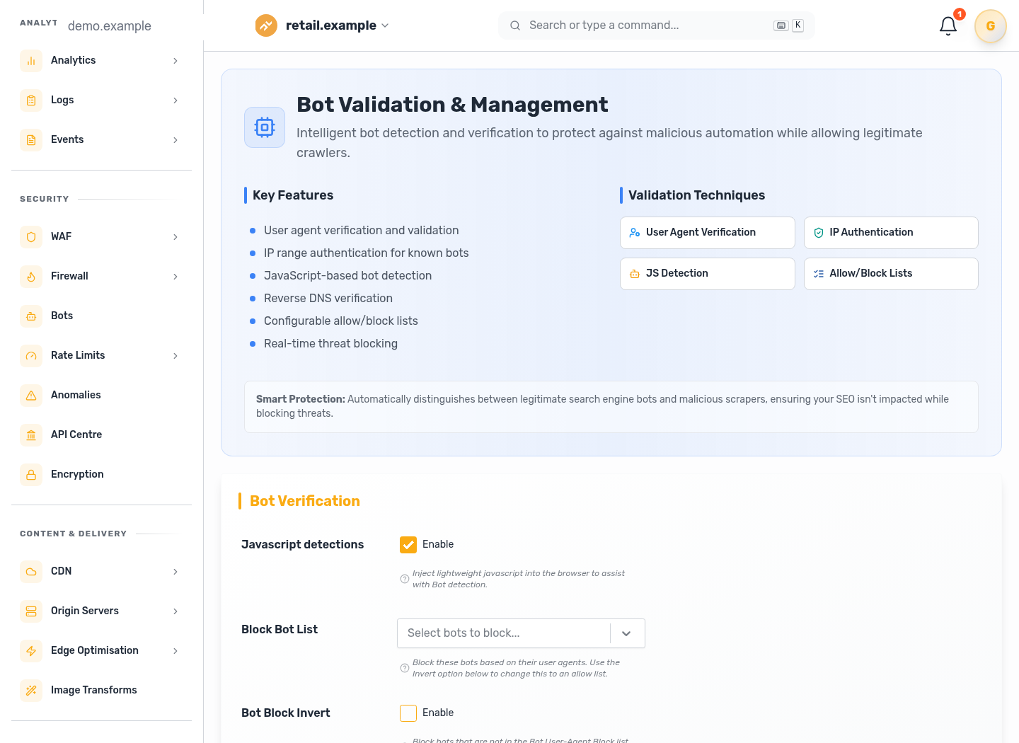 Bot validation settings with challenge and verification controls