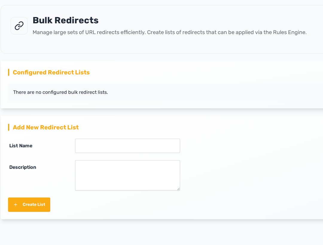 Bulk Redirects screen with configured redirect lists and create list form