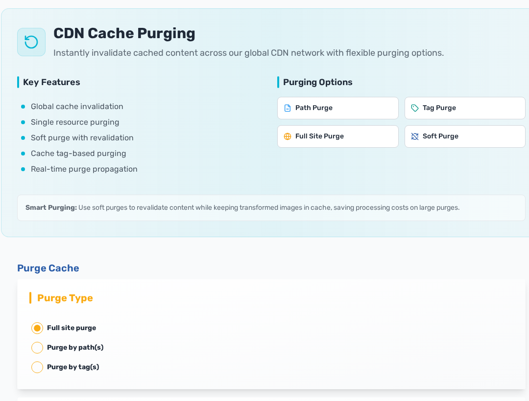 Cache purge screen with full site single resource and cache tag purge controls
