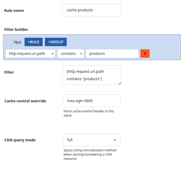 Rule configuration screen for URL and cache behavior controls