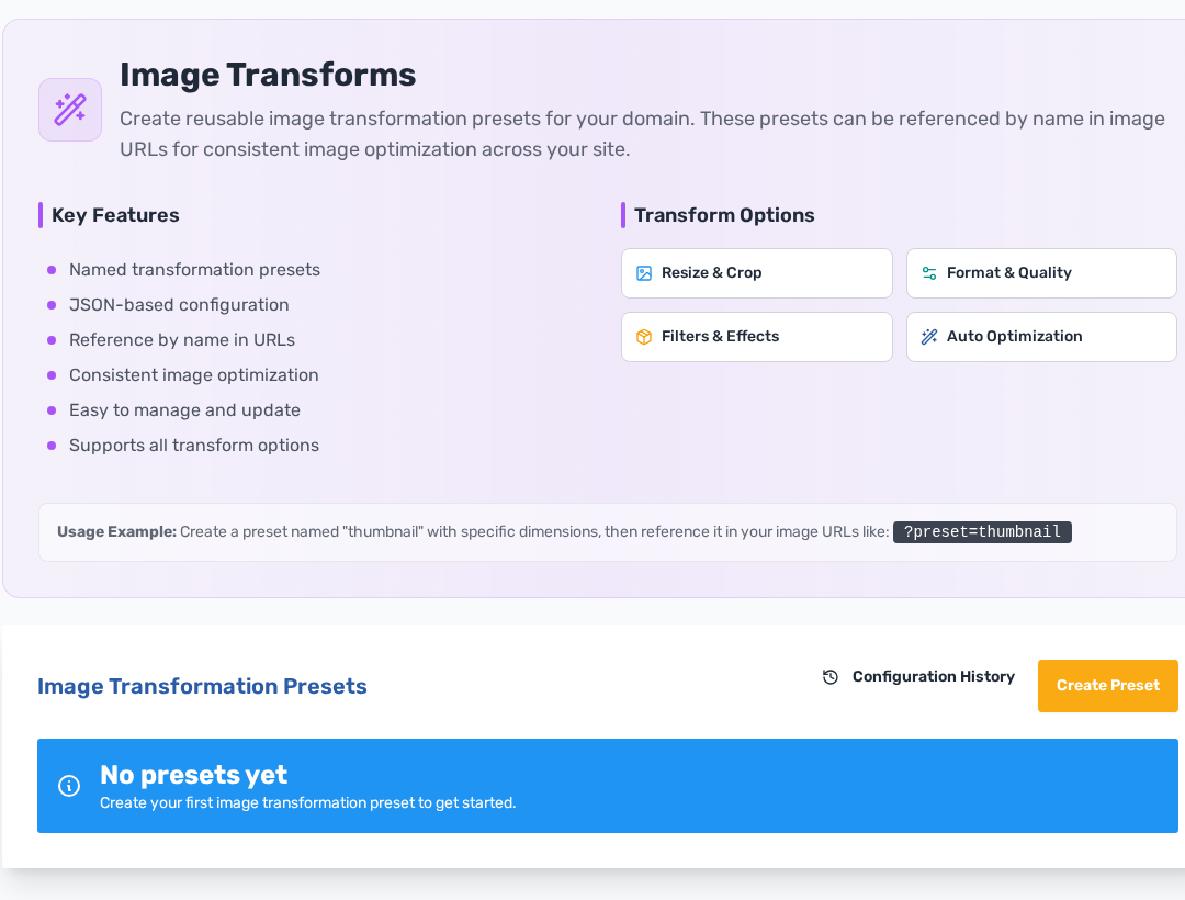 Image Transforms screen with transformation presets and resize quality options