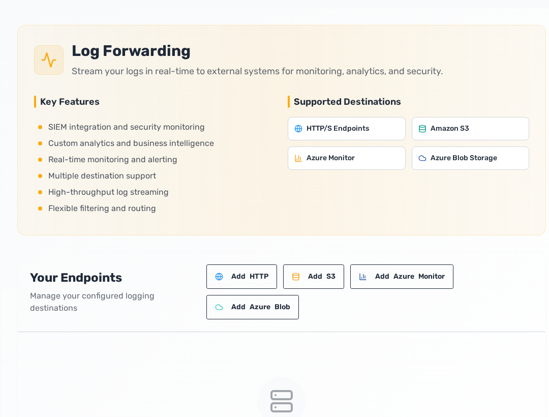Log Forwarding screen with destination options and endpoint controls