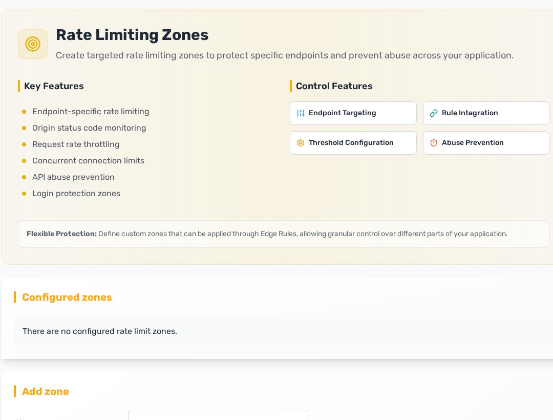 Rate limit zone settings with request limits and block duration fields
