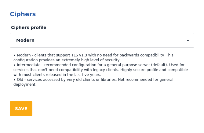 TLS ciphers configuration screen with security profile choices