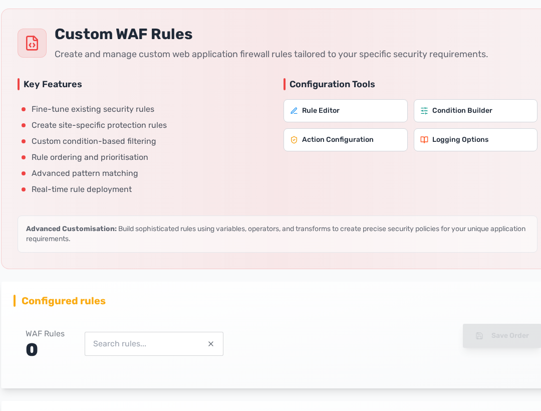 Custom WAF rules screen with rule configuration and helper tools