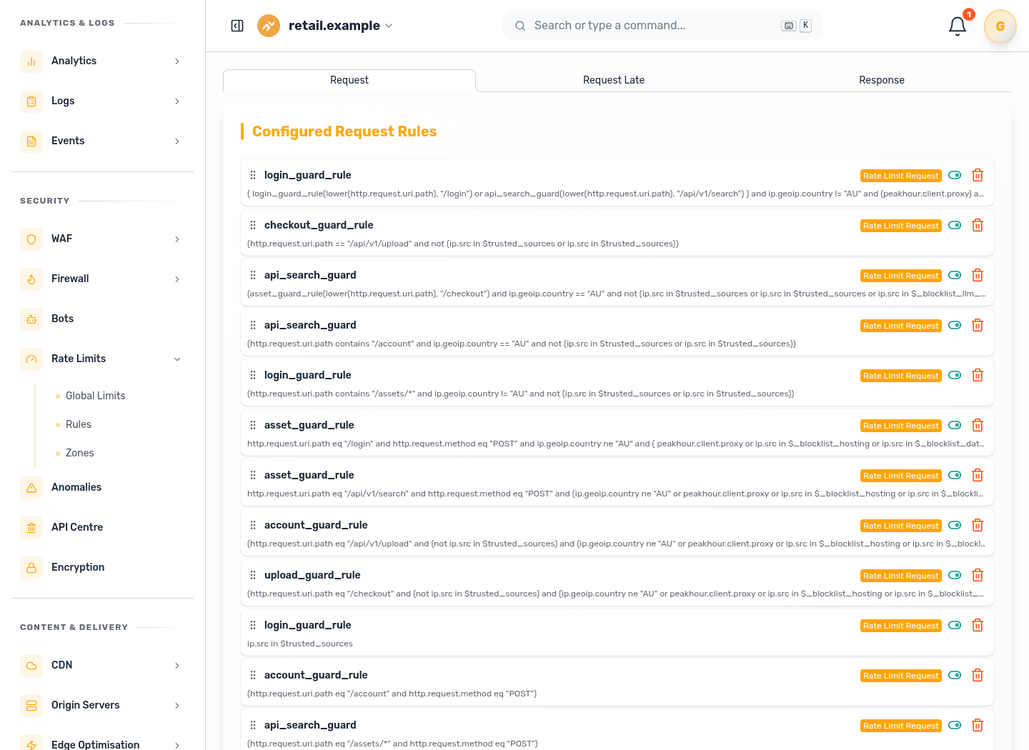API protection dashboard showing request rules used to control abusive endpoint traffic.