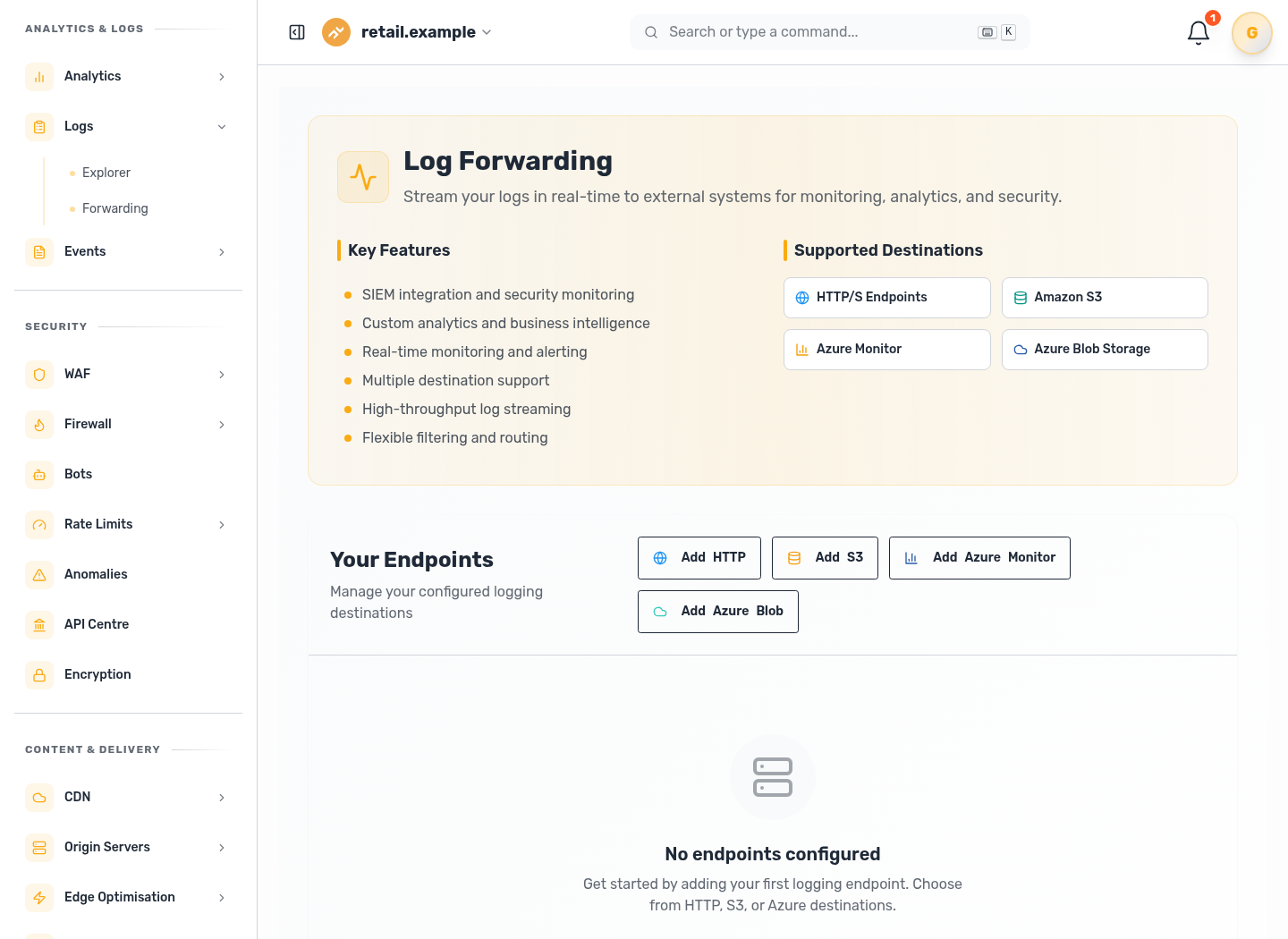 Peakhour log forwarding product screen showing a log forwarding endpoint, log type selection, and forwarded log rows.